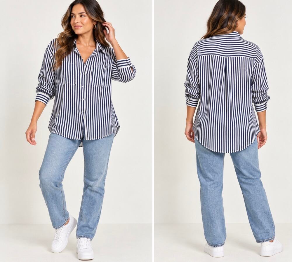 Velvet Heart Women’s 2X Navy White Striped Button Down Shirt Coastal NWT